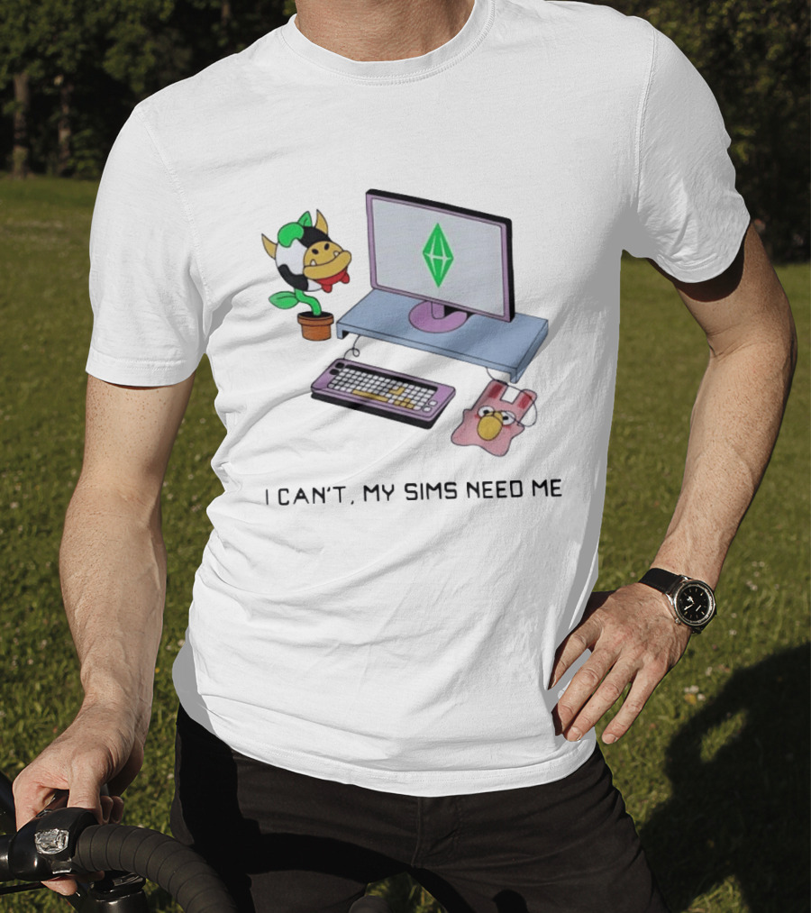 I Can't My Sims Need Me Cowplant Computer And Plumbob Gaming Setup T-Shirt