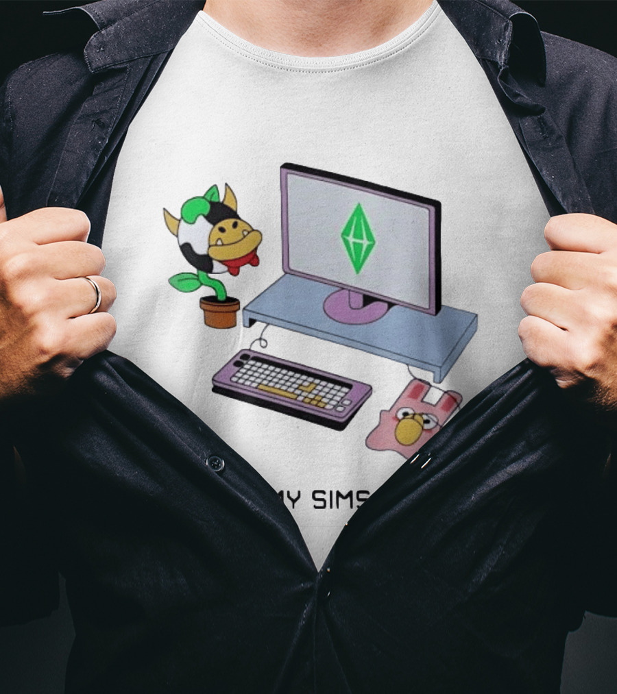I Can't My Sims Need Me Cowplant Computer And Plumbob Gaming Setup T-Shirt