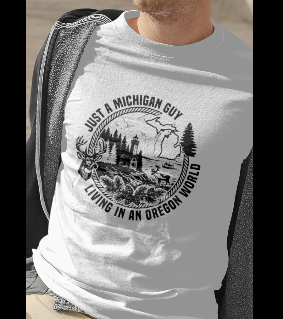 Just A Michigan Guy Living In An Oregon World Scenic Nature Scene With Deer Lighthouse And Trees T-Shirt