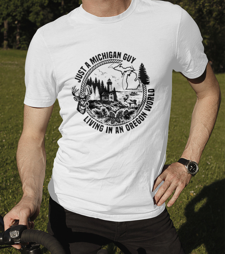 Just A Michigan Guy Living In An Oregon World Scenic Nature Scene With Deer Lighthouse And Trees T-Shirt