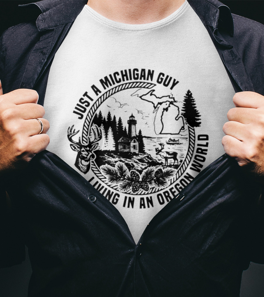 Just A Michigan Guy Living In An Oregon World Scenic Nature Scene With Deer Lighthouse And Trees T-Shirt