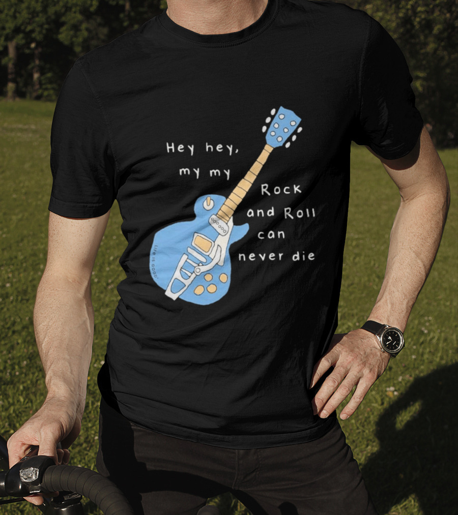 Hey Hey My My Rock And Roll Can Never Die Blue Guitar T-Shirt