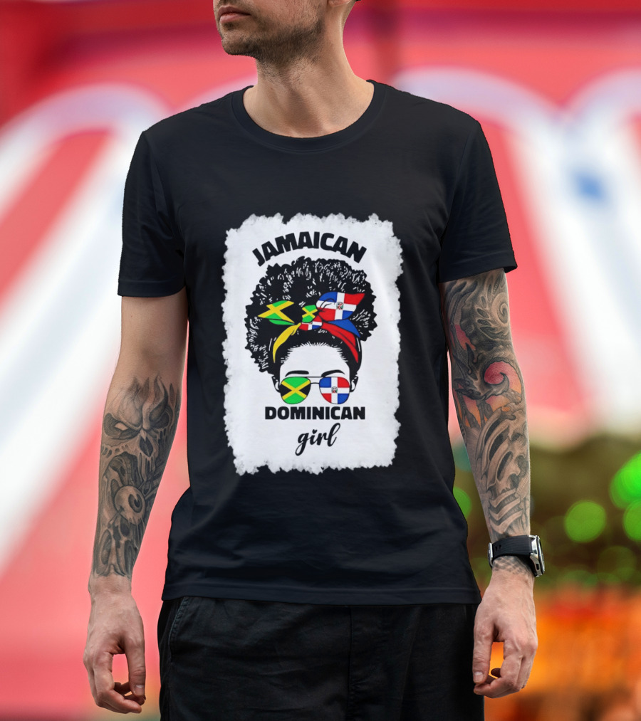 Jamaican Dominican Girl Afro Headwrap Flag Sunglasses T-Shirt
