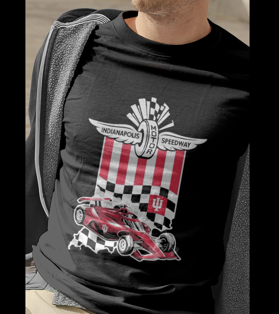 Indiana Hoosiers Red Race Car Indianapolis Motor Speedway Checker Flag T-Shirt