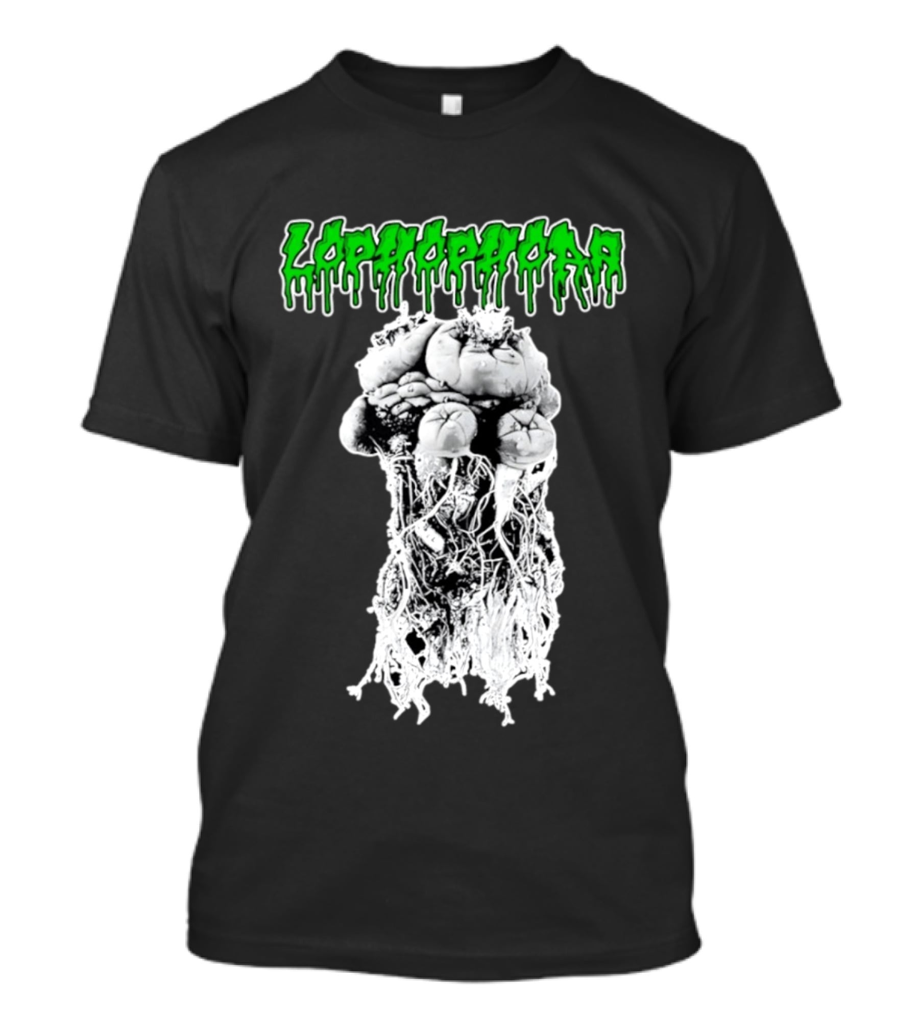 Lophophora Cactus Dripping Text With Detailed Root T-Shirt