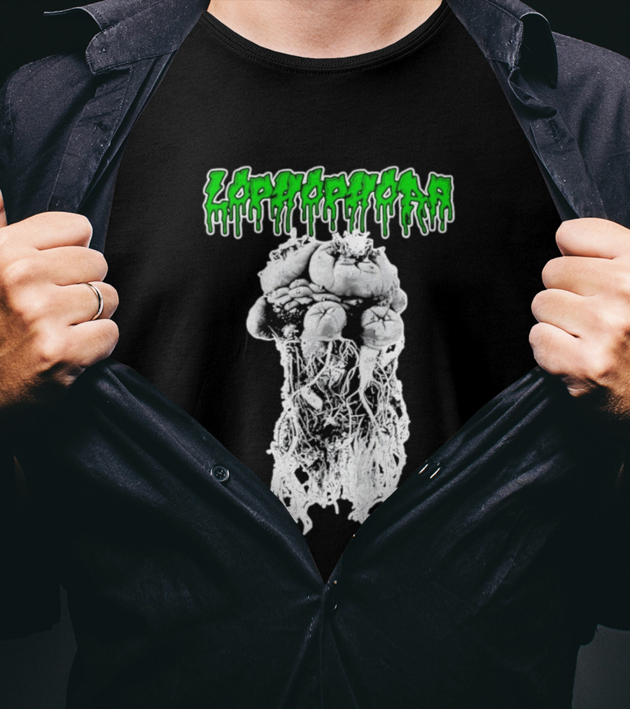Lophophora Cactus Dripping Text With Detailed Root T-Shirt