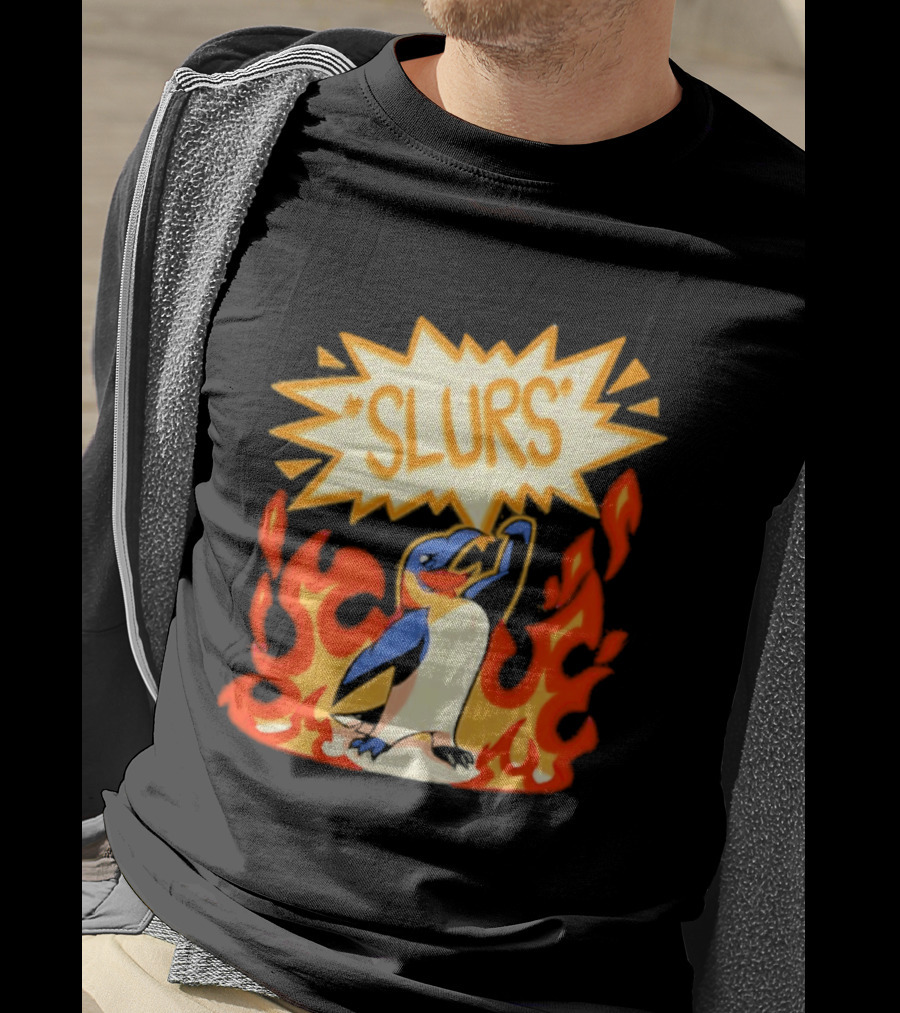 Penguin Slurs Cartoon Flaming Penguin In Fiery Speech Bubble T-Shirt