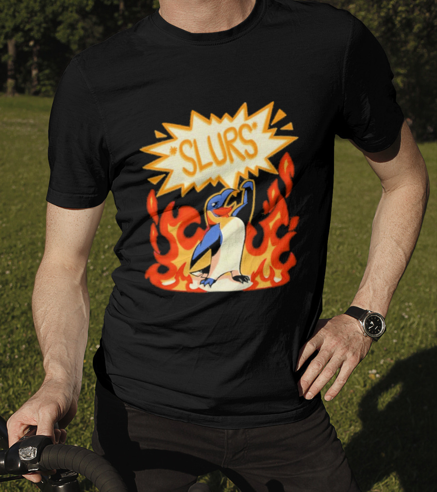 Penguin Slurs Cartoon Flaming Penguin In Fiery Speech Bubble T-Shirt