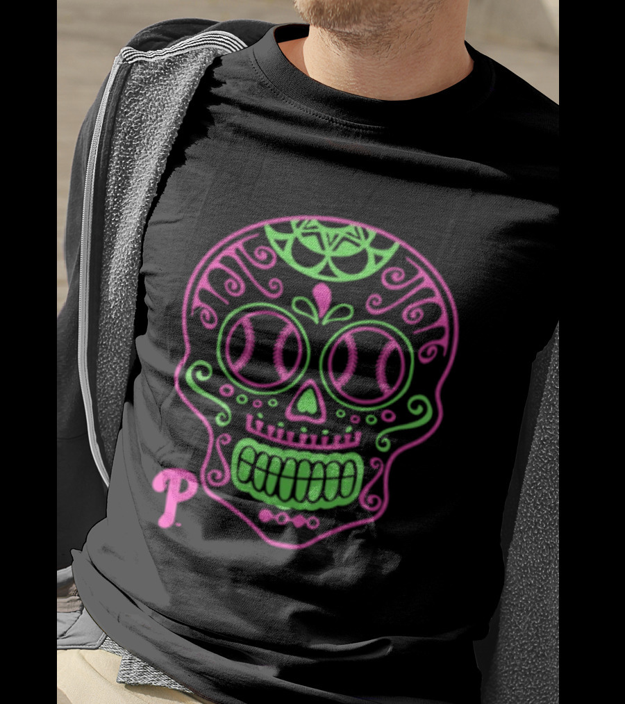 Philadelphia Phillies Sugar Skull Neon Baseball T-Shirt