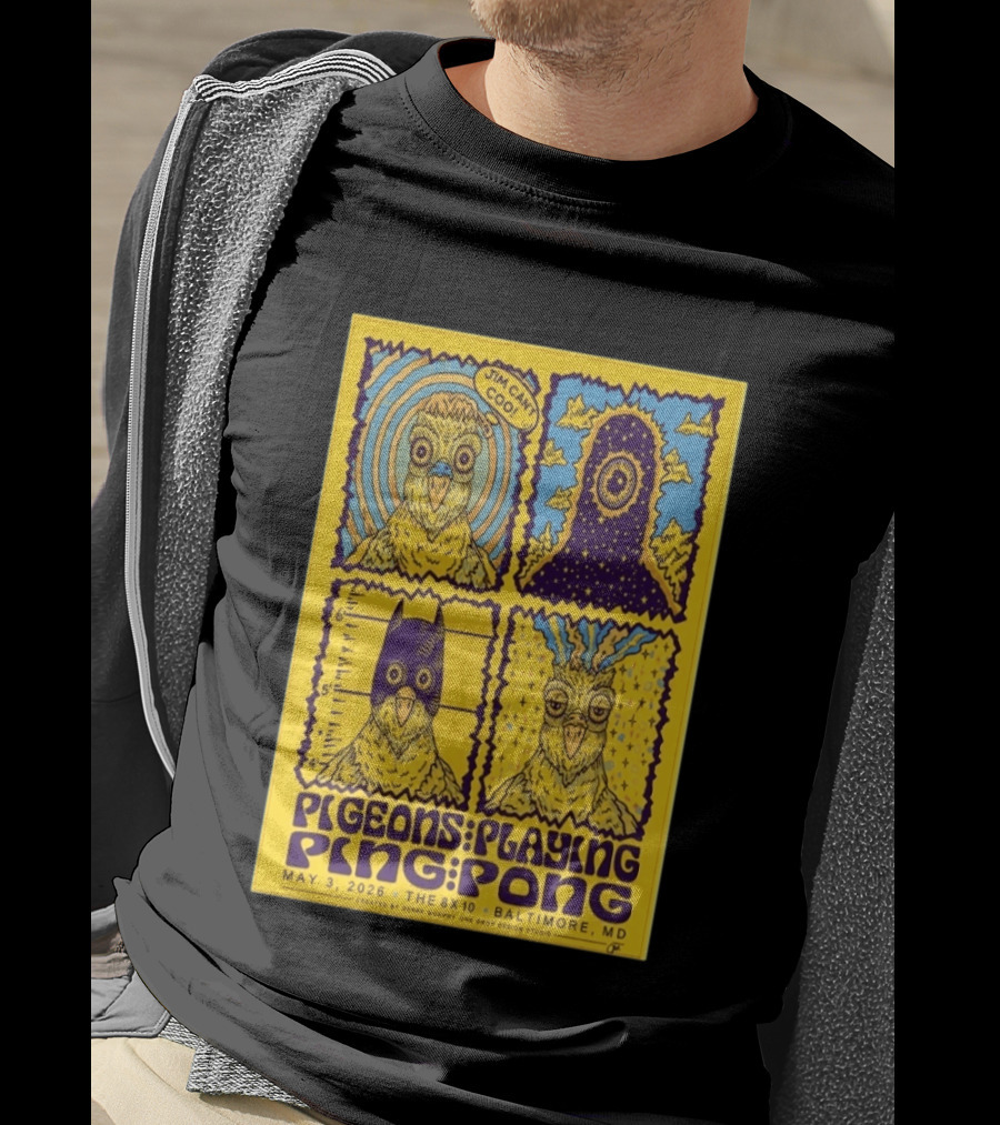 Pigeons Playing Ping Pong May 3 2026 Baltimore MD Jim Can Coo Created By Derek Murphy One Drop Design Studio T-Shirt