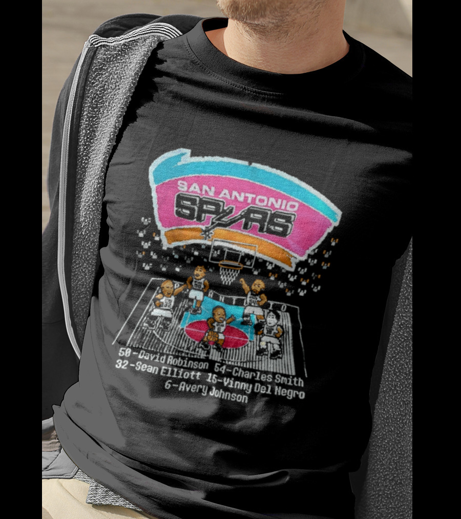 San Antonio Spurs 8 Bit Caricature David Robinson Charles Smith Sean Elliott Vinny Del Negro Avery Johnson NBA T-Shirt