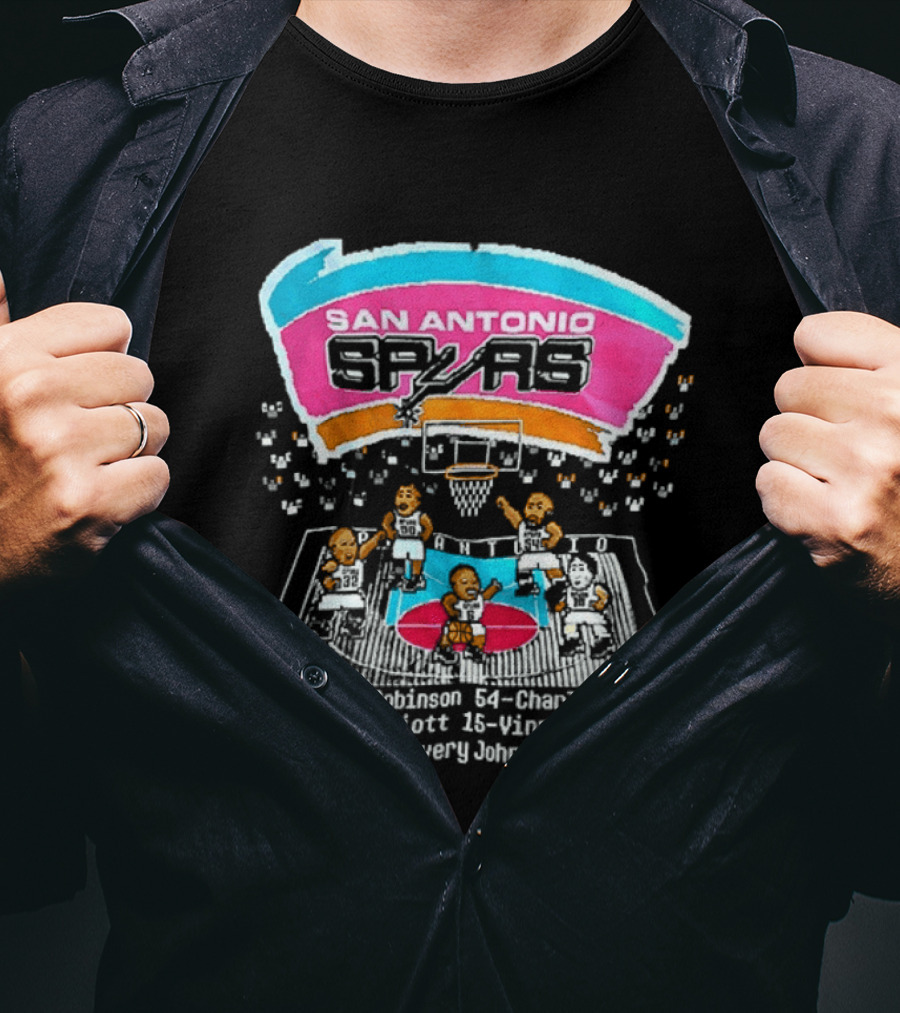 San Antonio Spurs 8 Bit Caricature David Robinson Charles Smith Sean Elliott Vinny Del Negro Avery Johnson NBA T-Shirt