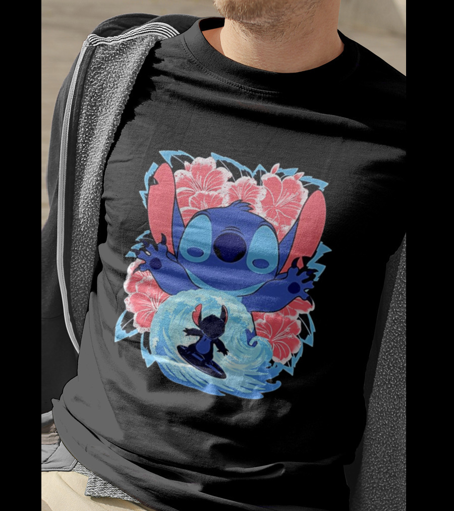 Lilo And Stitch Surfing Tropical Hibiscus Flowers T-Shirt
