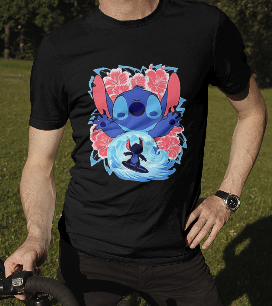 Lilo And Stitch Surfing Tropical Hibiscus Flowers T-Shirt