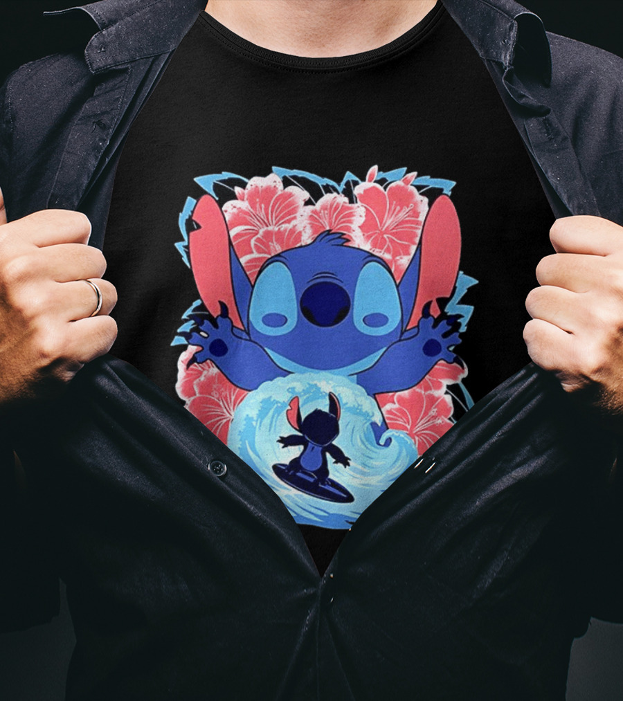 Lilo And Stitch Surfing Tropical Hibiscus Flowers T-Shirt