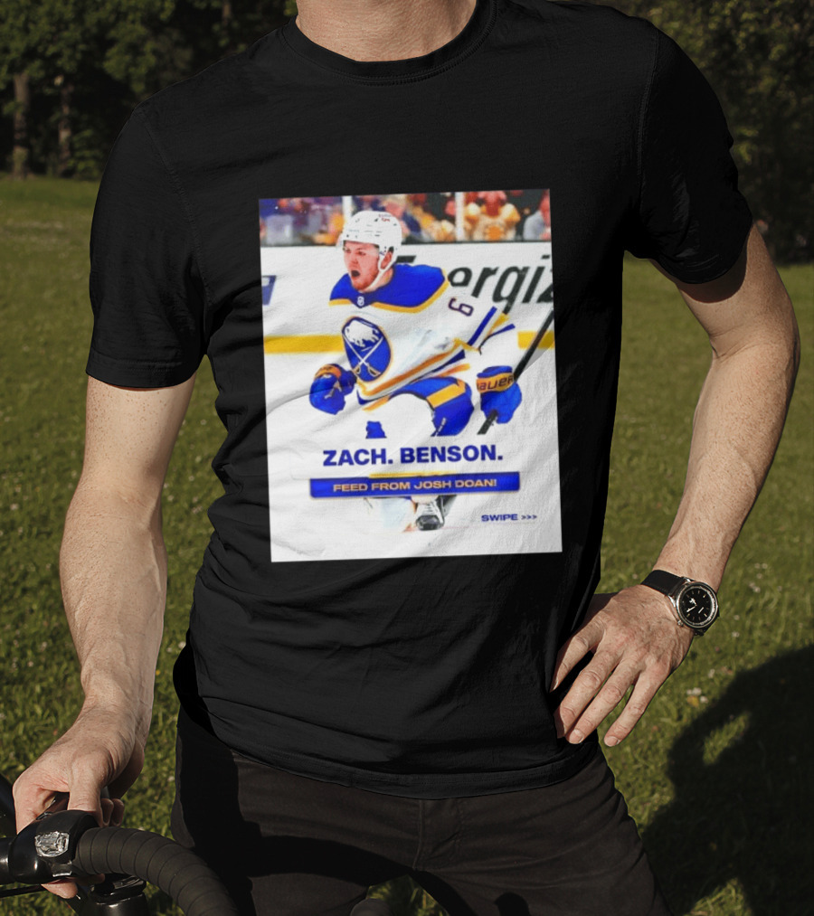 Zach Benson Buffalo Sabres Feed From Josh Doan Swipe T-Shirt
