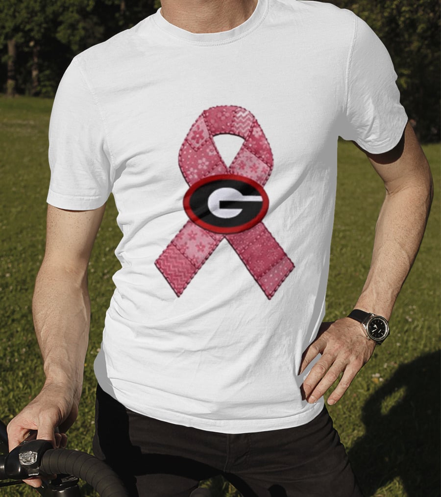 Georgia Bulldogs Patchwork Pink Ribbon Breast Cancer Awareness T-Shirt