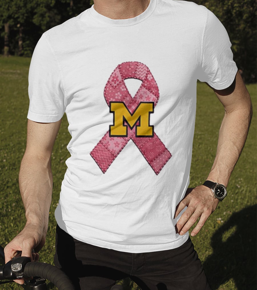 Michigan Wolverines Breast Cancer Awareness Pink Ribbon Patch T-Shirt