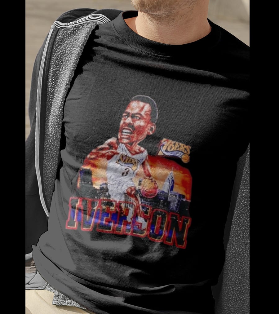 Allen Iverson 76ers Caricature With Philadelphia Skyline T-Shirt