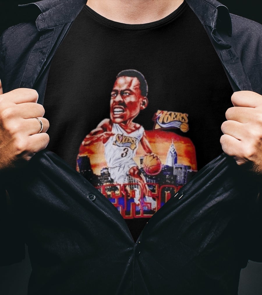 Allen Iverson 76ers Caricature With Philadelphia Skyline T-Shirt