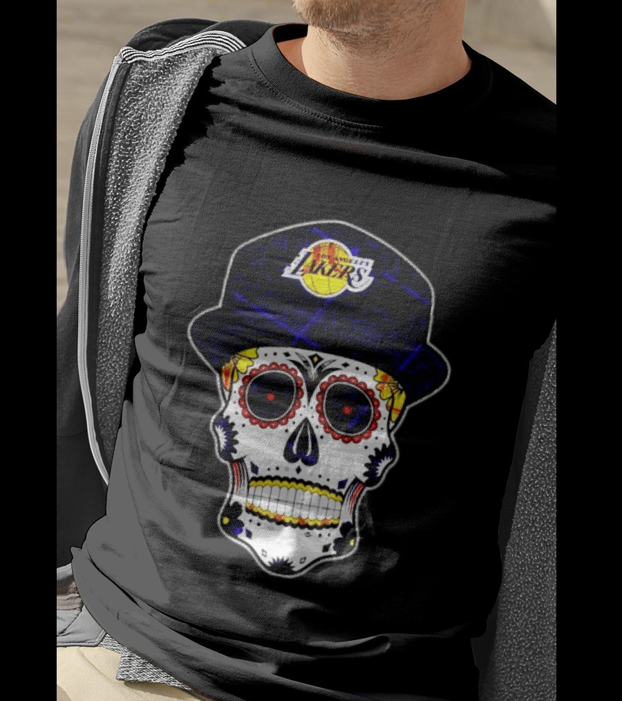 Los Angeles Lakers Sugar Skull Día De Muertos Hat Butterfly T-Shirt
