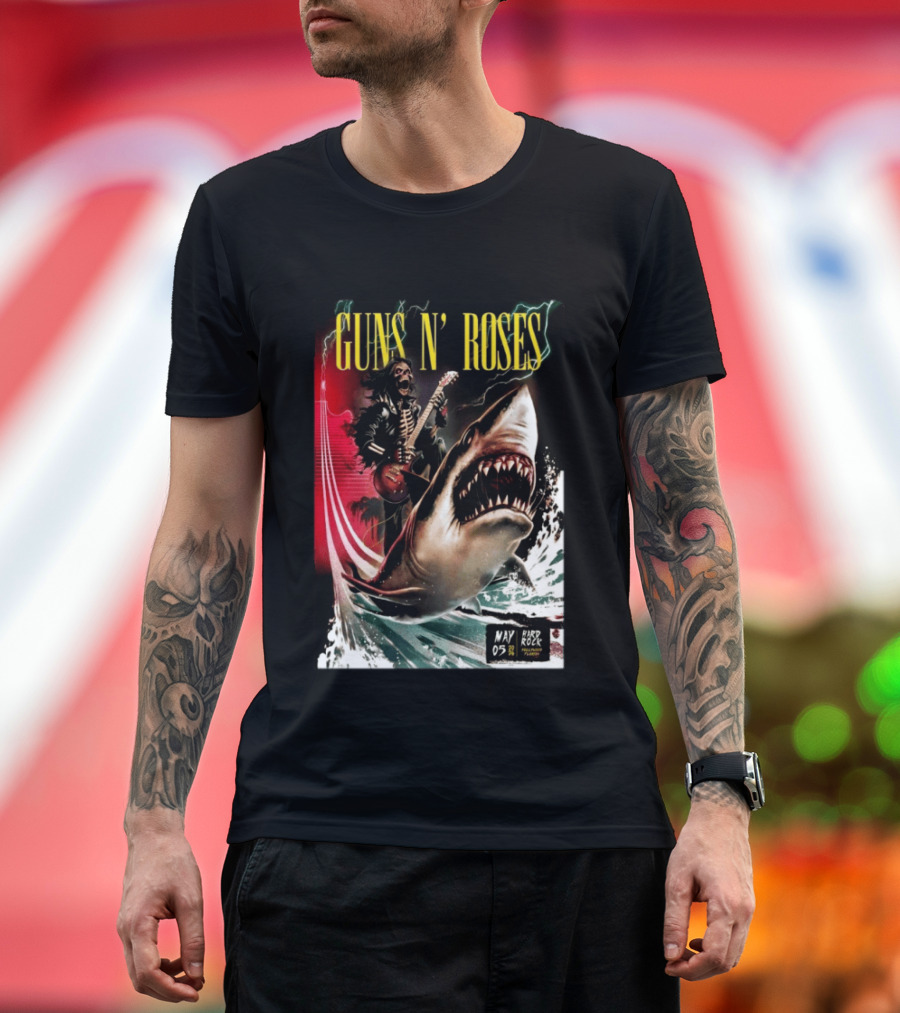 Guns N' Roses May 05 2026 Hard Rock Live Hollywood Concert Skeleton Guitarist Shark Wave T-Shirt