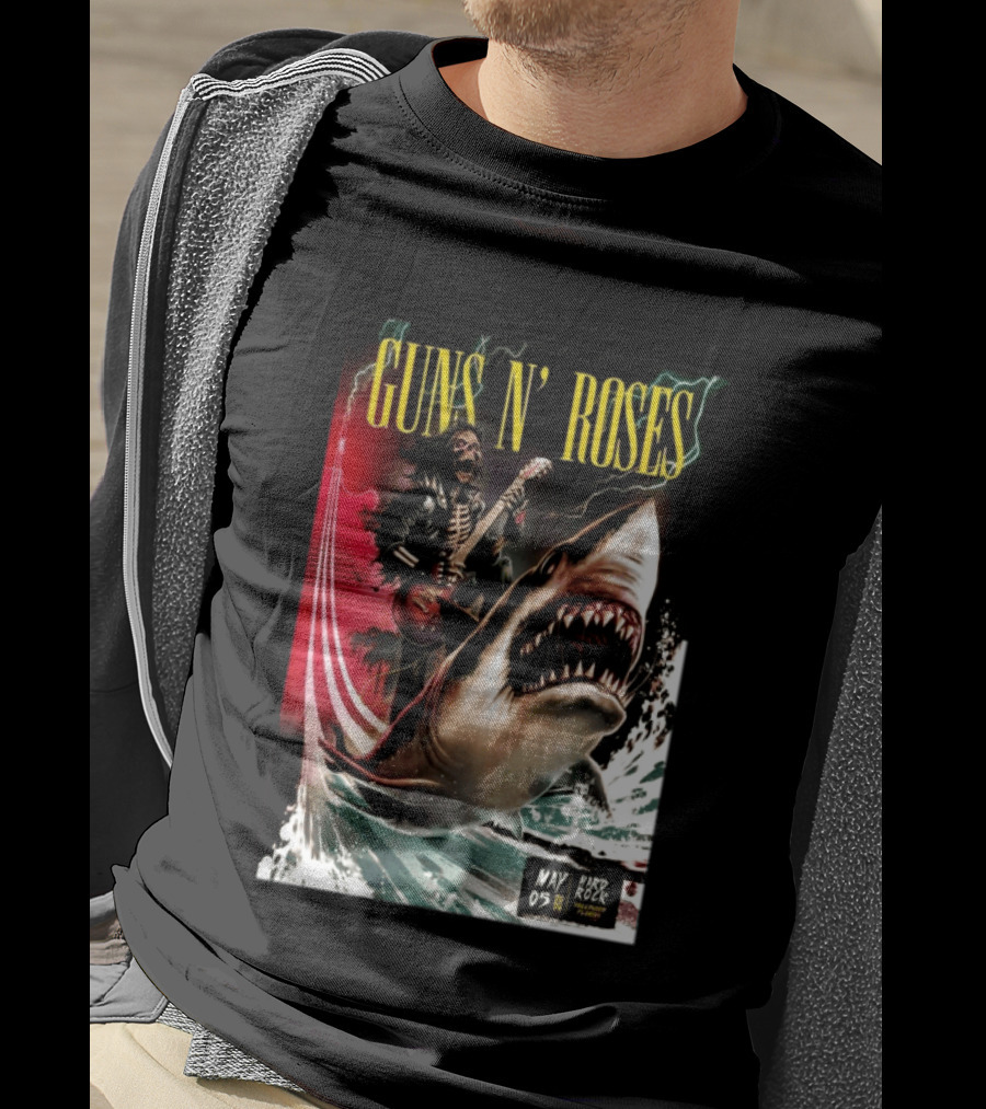 Guns N' Roses May 05 2026 Hard Rock Live Hollywood Concert Skeleton Guitarist Shark Wave T-Shirt