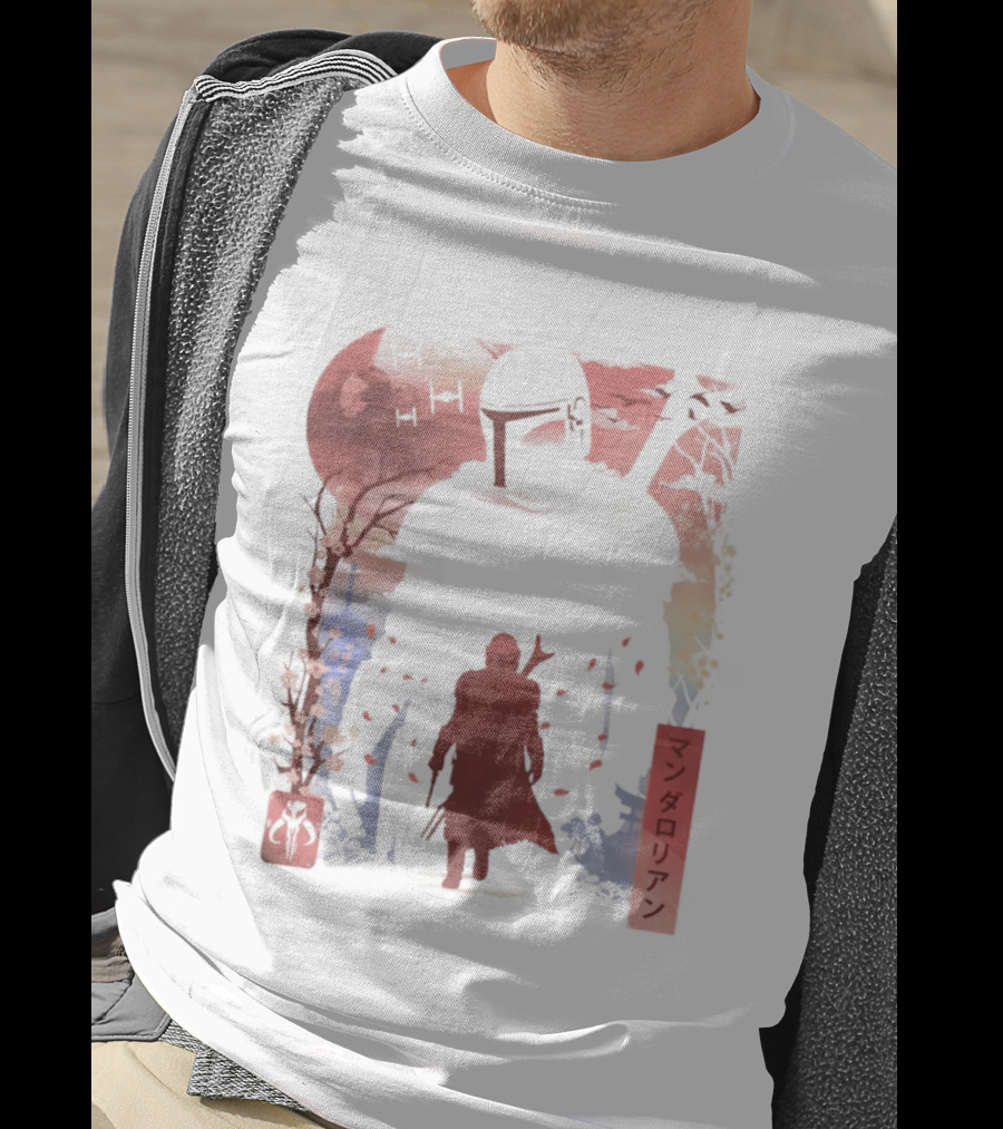 Lone Gunfighter Mandalorian Creed Japanese Text Star Wars Art Red Blue Yellow T-Shirt