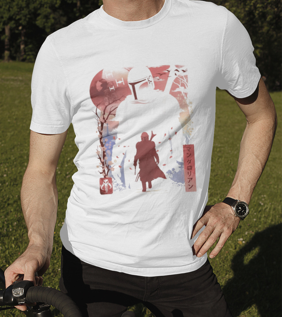 Lone Gunfighter Mandalorian Creed Japanese Text Star Wars Art Red Blue Yellow T-Shirt