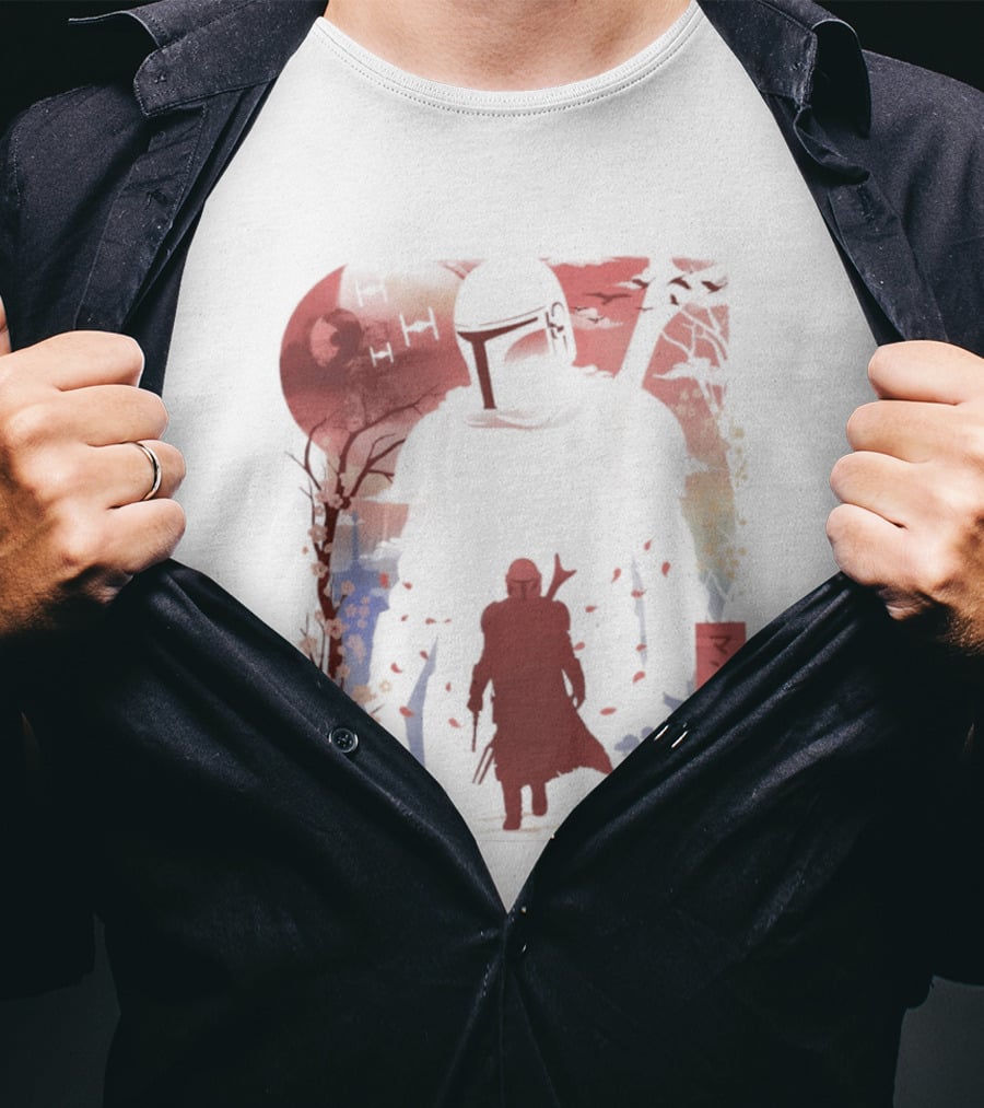 Lone Gunfighter Mandalorian Creed Japanese Text Star Wars Art Red Blue Yellow T-Shirt