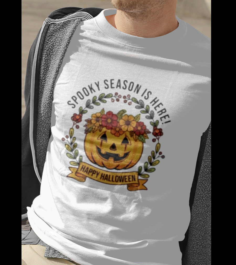 Spooky Season Is Here Happy Halloween Pumpkin With Flowers T-Shirt