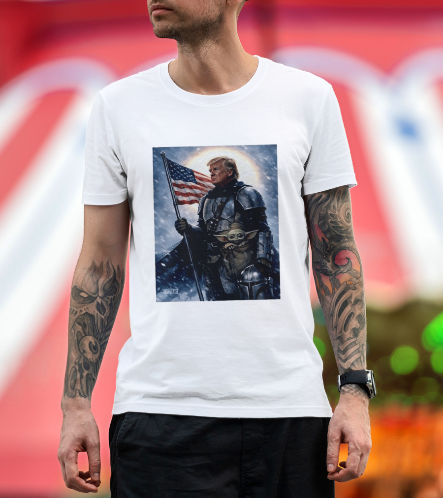 Donald Trump As The Mandalorian Holding American Flag With Grogu Star Wars T-Shirt