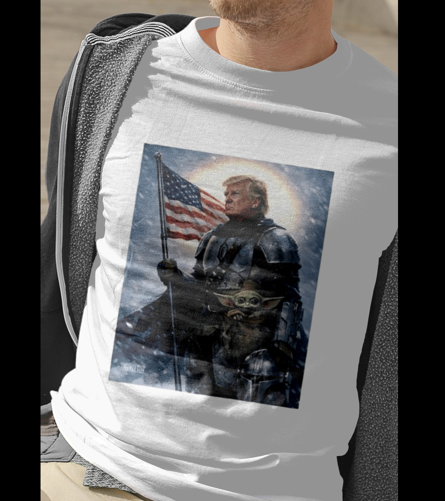Donald Trump As The Mandalorian Holding American Flag With Grogu Star Wars T-Shirt