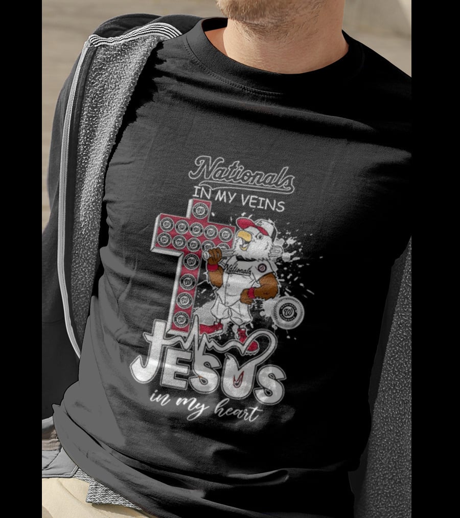 Nationals In My Veins Jesus In My Heart Baseball Cross Christian T-Shirt