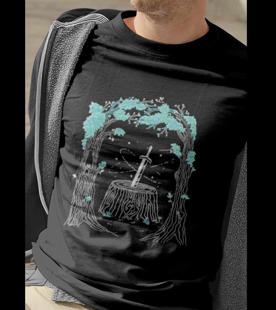 Mythical Golden Sword In Stone Amid Enchanted Forest Mythicality 2026 T-Shirt