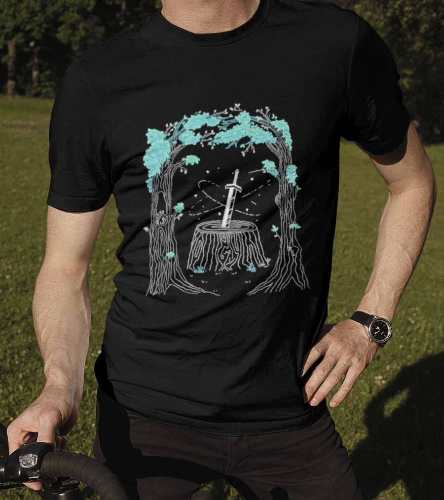 Mythical Golden Sword In Stone Amid Enchanted Forest Mythicality 2026 T-Shirt