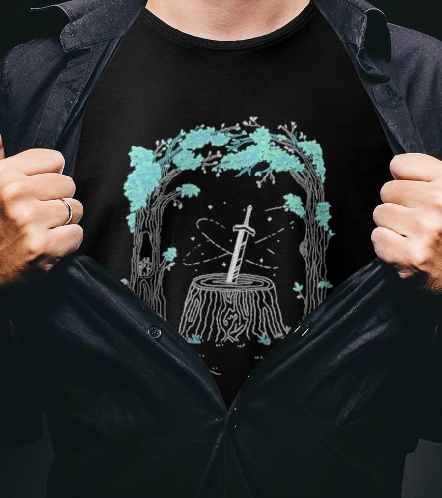 Mythical Golden Sword In Stone Amid Enchanted Forest Mythicality 2026 T-Shirt