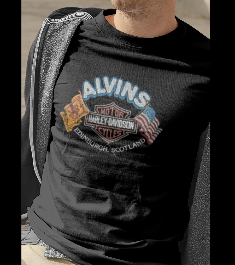 1990s Harley Davidson Alvins Motorcycles Scotland USA Flags T-Shirt