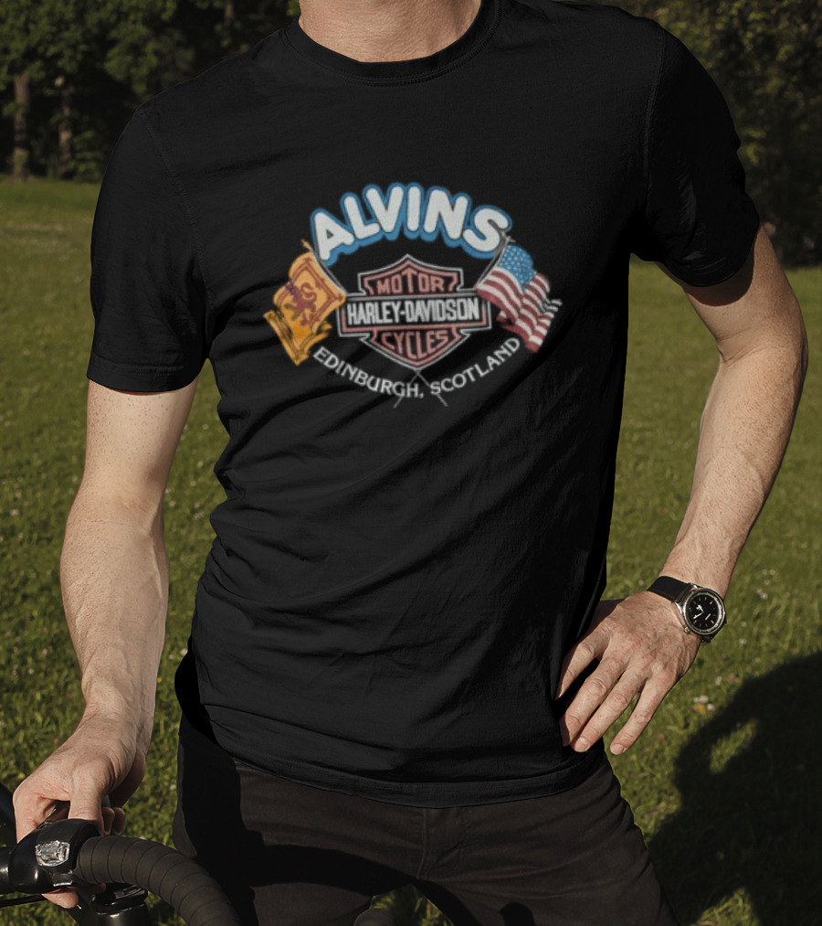 1990s Harley Davidson Alvins Motorcycles Scotland USA Flags T-Shirt