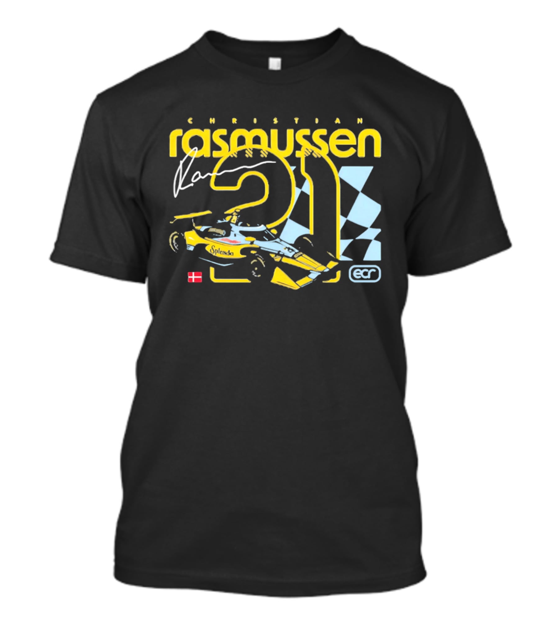 Christian Rasmussen ECR Number 21 Racing Splendor Denmark Flag Checkerboard T-Shirt