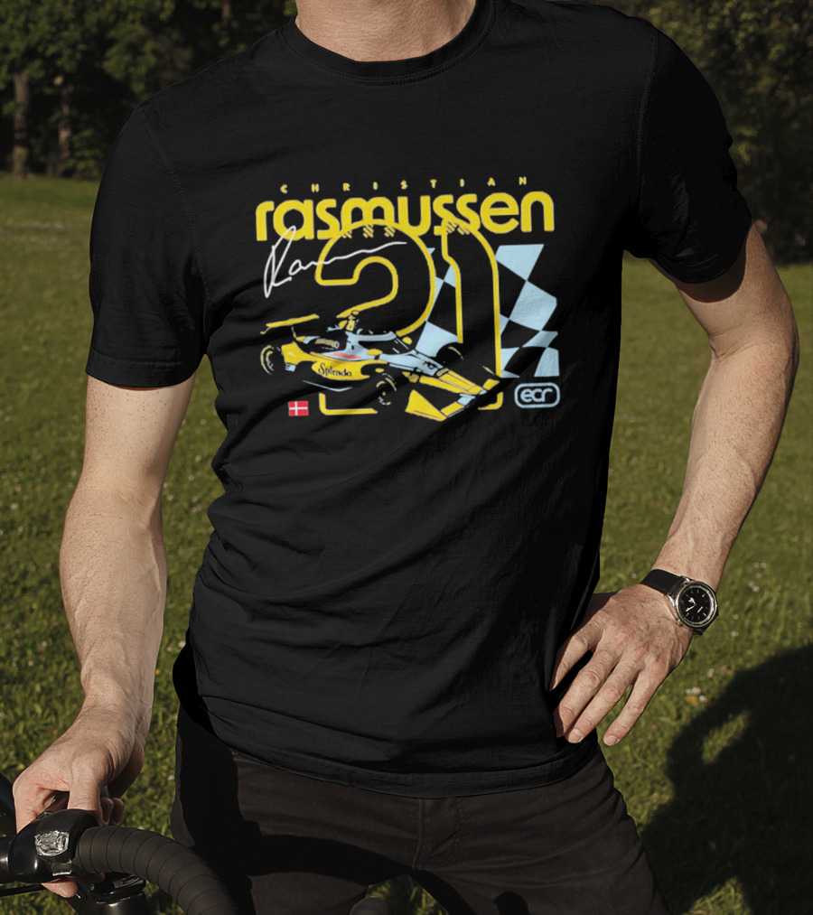 Christian Rasmussen ECR Number 21 Racing Splendor Denmark Flag Checkerboard T-Shirt