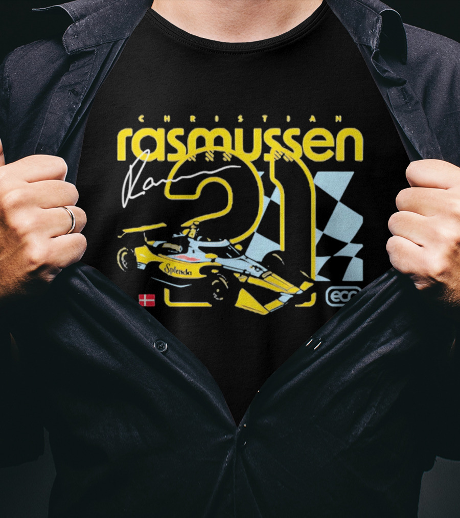 Christian Rasmussen ECR Number 21 Racing Splendor Denmark Flag Checkerboard T-Shirt