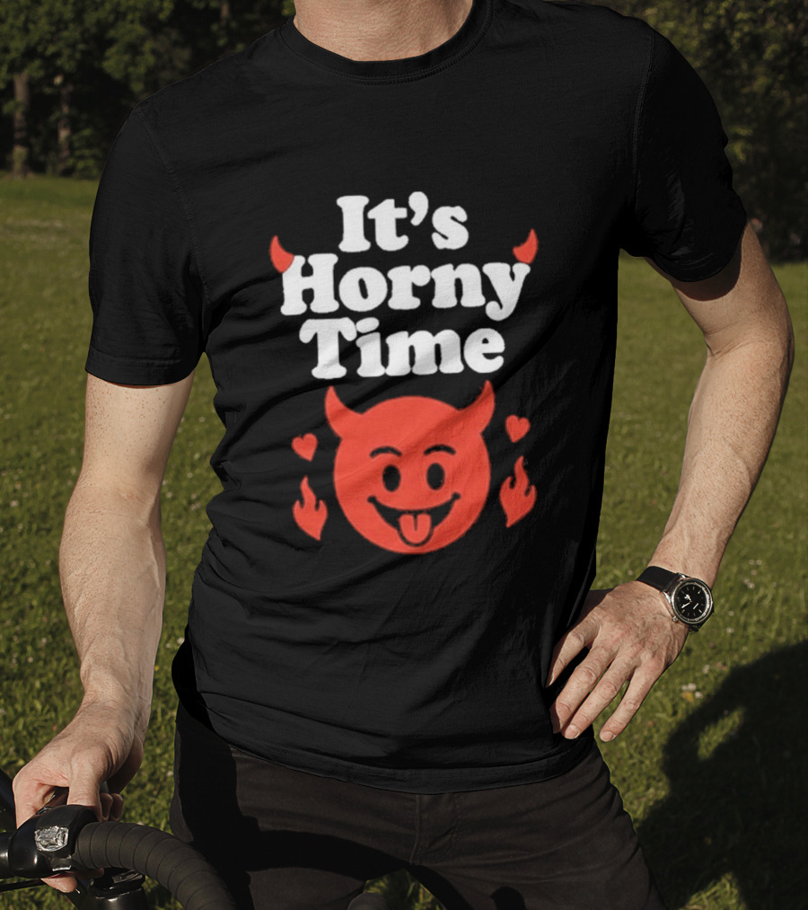 It's Horny Time Devil Red Face With Flames And Hearts T-Shirt