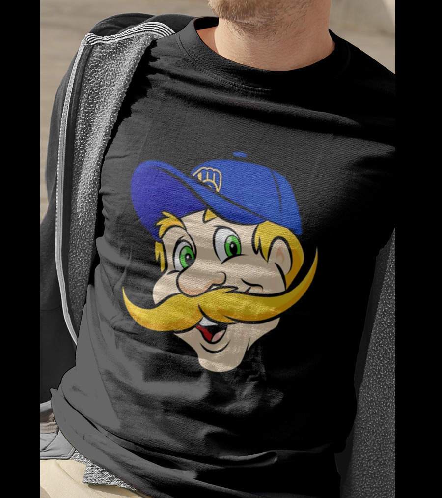 Milwaukee Brewers Big Face Mascot With Blue Cap And Mustache T-Shirt