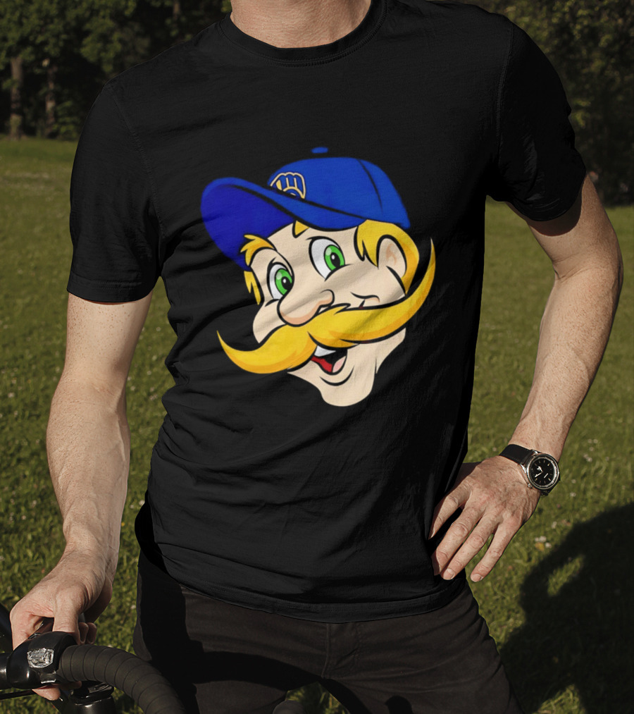 Milwaukee Brewers Big Face Mascot With Blue Cap And Mustache T-Shirt
