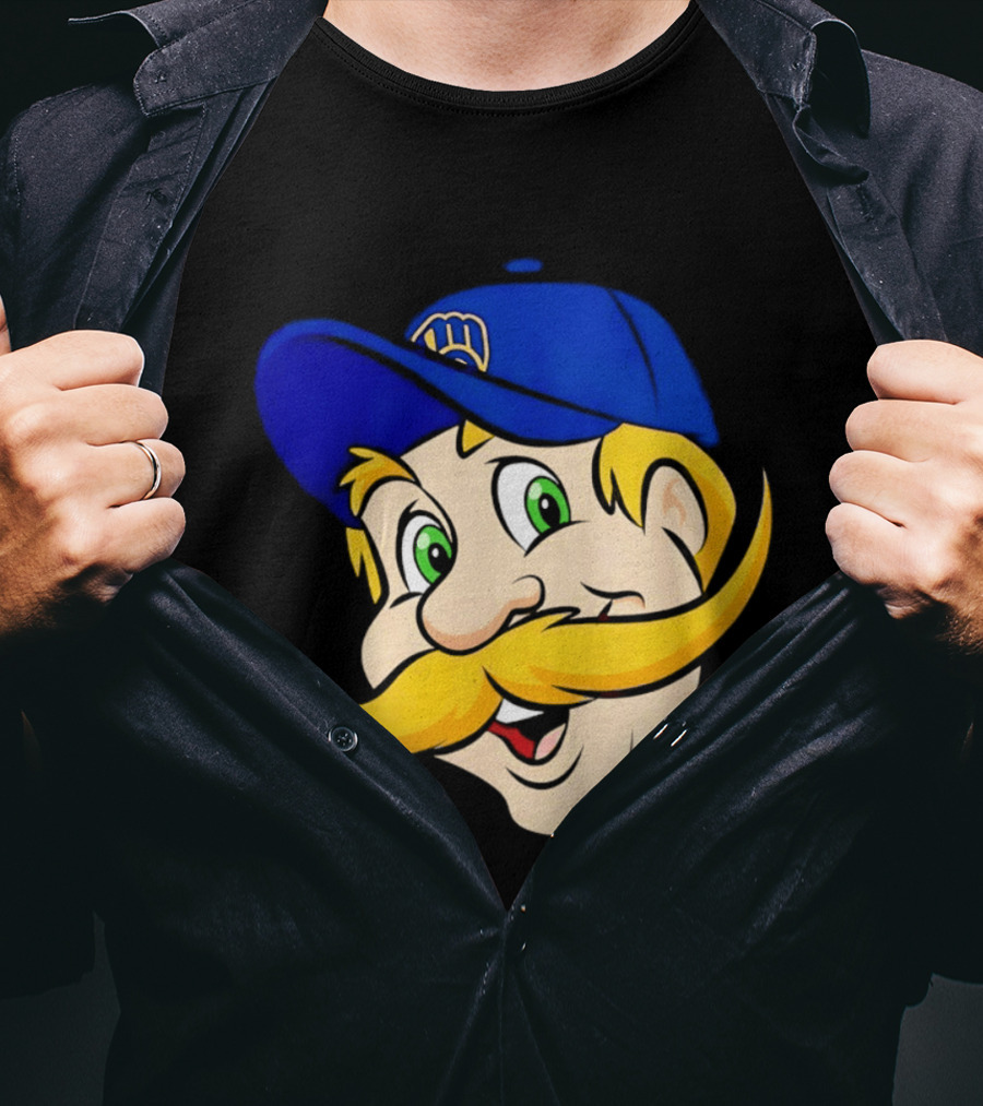 Milwaukee Brewers Big Face Mascot With Blue Cap And Mustache T-Shirt
