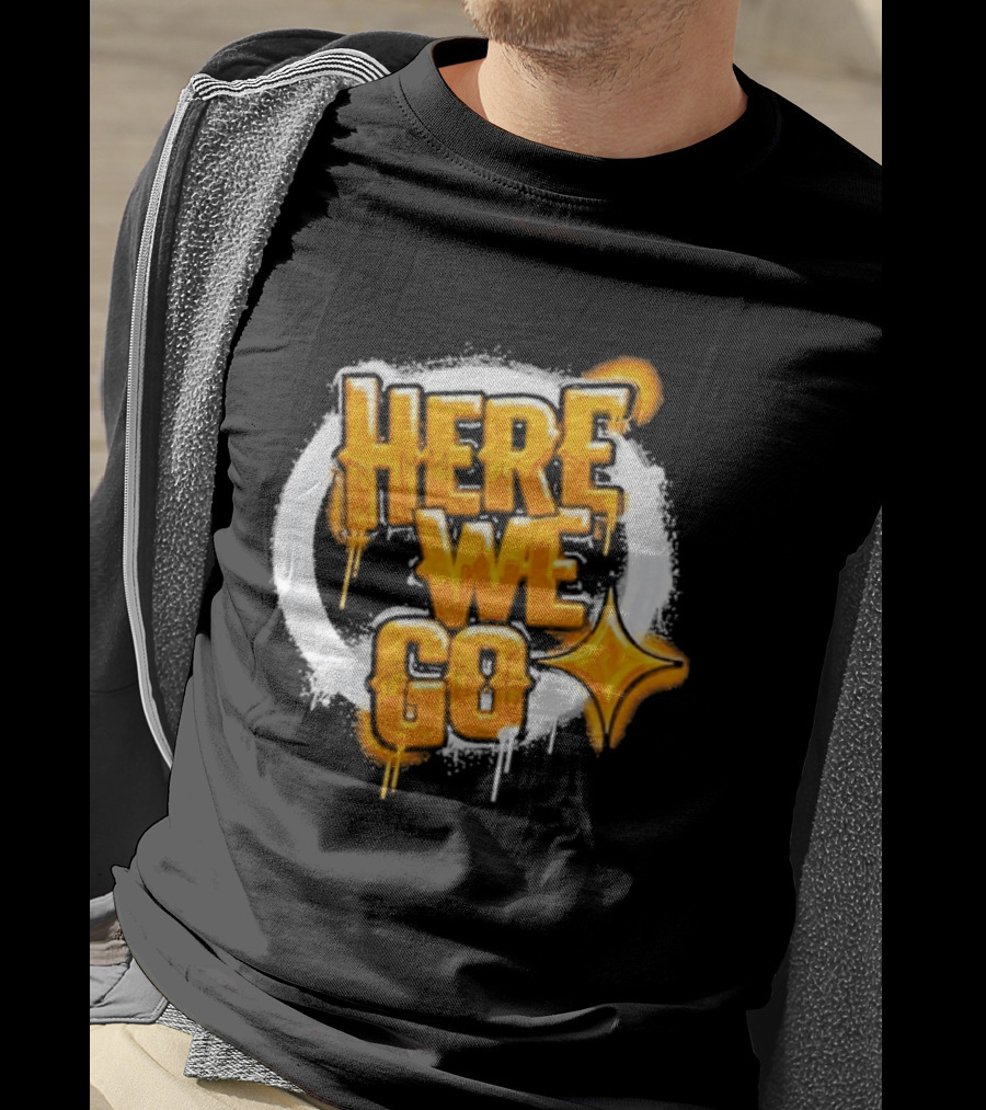 Pittsburgh Steelers Here We Go Yellow Graffiti Text With Star T-Shirt