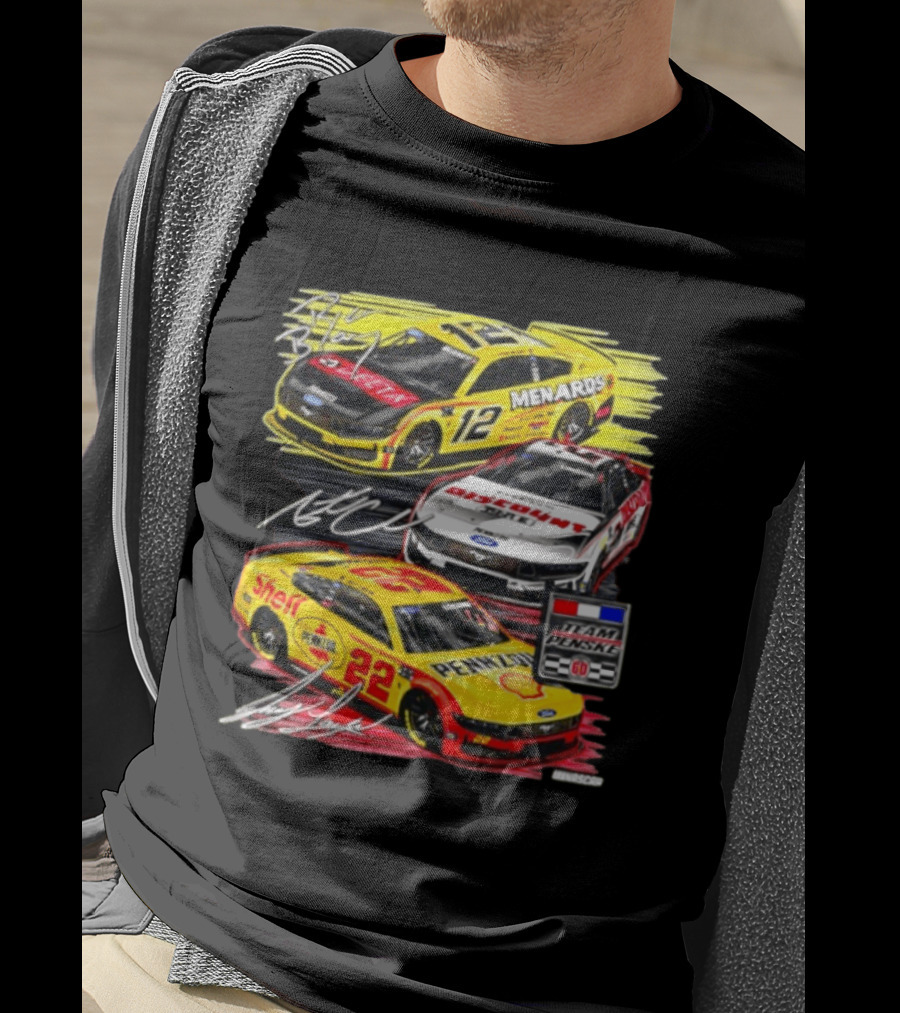 Team Penske 60th Anniversary NASCAR Racing Cars With Menards Shell Pennzoil Discount Tire Sponsors And Driver Signatures T-Shirt