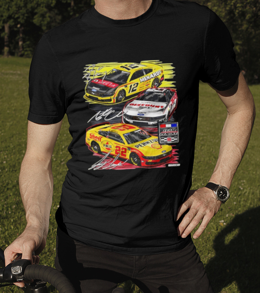 Team Penske 60th Anniversary NASCAR Racing Cars With Menards Shell Pennzoil Discount Tire Sponsors And Driver Signatures T-Shirt