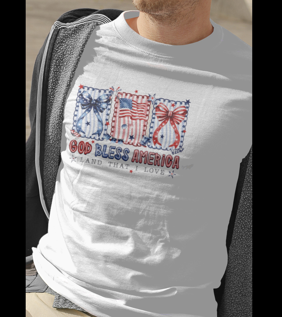 Coquette God Bless America Land That I Love Patriotic Fourth Of July Bows And Flags T-Shirt